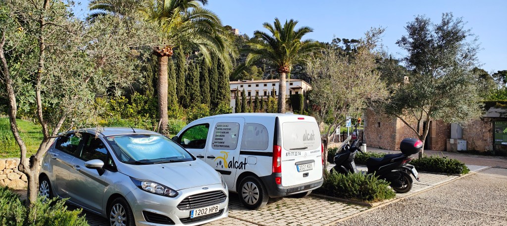 Vista del aparcamiento de la Finca de Raixa con vehículos estacionados, rodeado de palmeras y vegetación, mostrando un entorno natural y turístico.