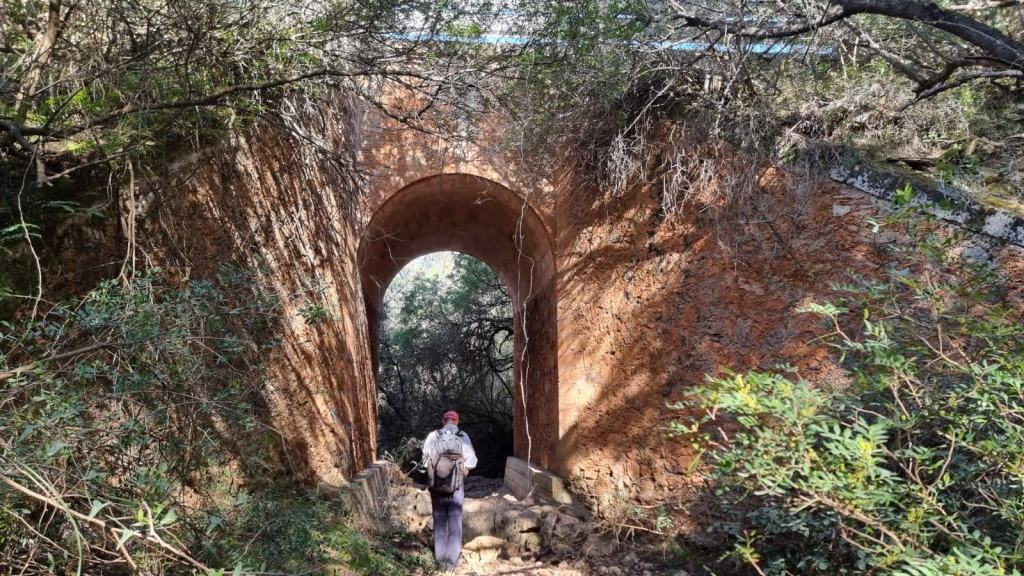 Una persona caminando hacia un puente de piedra en un entorno natural cubierto de vegetación densa.