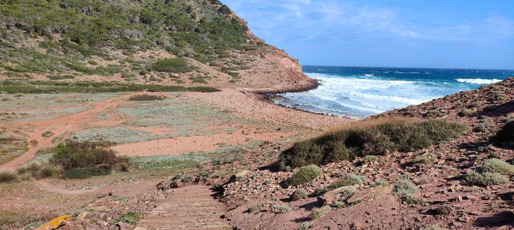 Vista panorámica del Macar d’ Alfurinetc, on mar agitado y vegetación dispersa en el suelo, durante la ruta 'Camí de Cavalls - Etapa 8: Cala del Pilar - Punta Nati'.