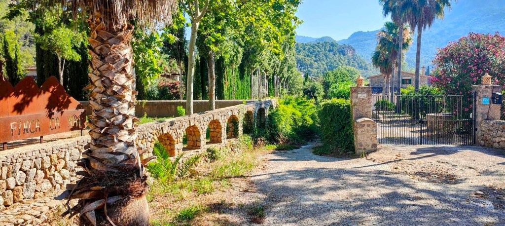 Entrada a la finca con un letrero que dice 'FINCA CA N'AÏ', rodeada de palmeras y vegetación exuberante, en un paisaje montañoso.
