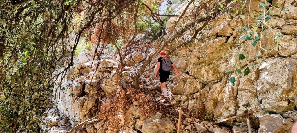 Una persona camina por el Camino del Pas Llis, un sendero rocoso rodeado de vegetación en la ruta 'Font de Sa Mina desde Sóller'.
