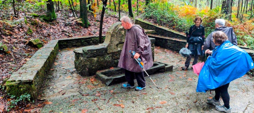 Grupo de personas descansando junto a una fuente en medio de un bosque, con árboles y vegetación otoñal alrededor.