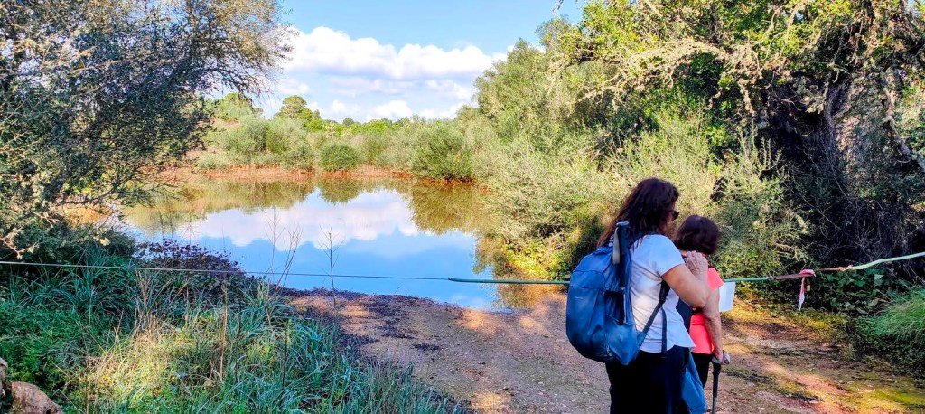 Una mujer y una niña observando un área natural con un estanque, rodeadas de vegetación, en una ruta de senderismo.