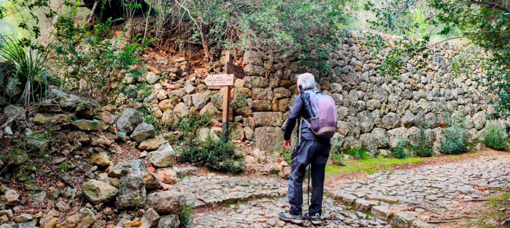 Persona de espaldas de pie frente a un letrero de madera en un sendero rodeado de piedras y vegetación.