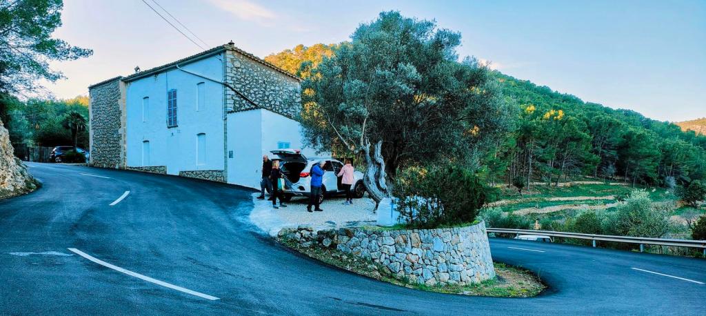Vista de un grupo de personas organizando su excursión junto a un edificio tradicional en una carretera curva, rodeado de vegetación y montañas.