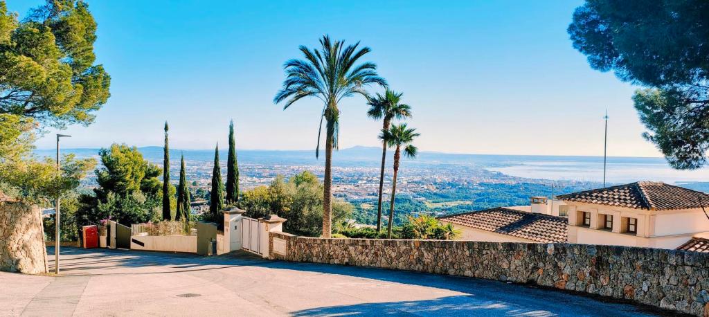 Vista panorámica de la bahía de Palma desde una carretera con palmeras y casas en la urbanización de Son Vida.