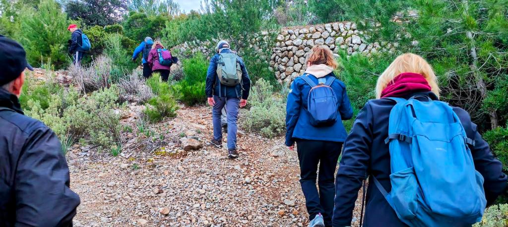Grupo de personas caminando por un sendero de montaña, rodeados de vegetación y árboles, mientras ascienden hacia la Serra de Son Moragues.