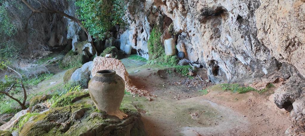 Font d’Es Verger desde Biniaraix - Caminando por Mallorca Cueva natural con una vasija de barro en primer plano rodeada de vegetación y rocas, ubicación de la Cova de ses Alfàbies.