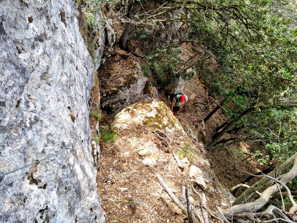 Persona descendiendo por un terreno rocoso en el Pas de Can Jeroni Gros, rodeado de árboles y con un cable de acero de apoyo.