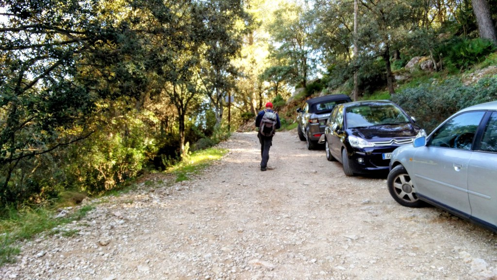 Un senderista camina por un camino de tierra mientras varios coches están estacionados a los lados, rodeado de árboles en la zona montañosa de la Sierra de Tramuntana.