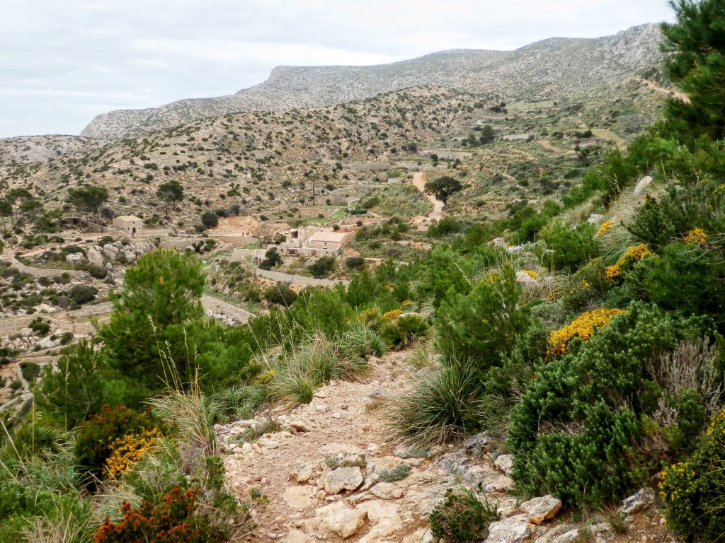 Paisaje montañoso del suroeste de la sierra de Tramuntana, con senderos, vegetación y ruinas de La Trapa en el fondo.