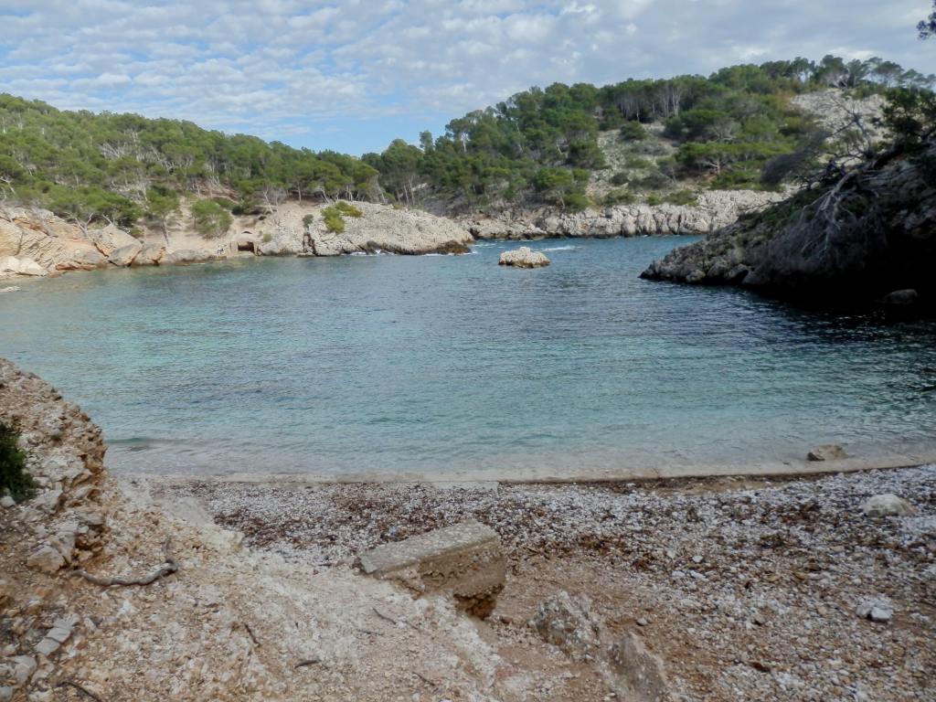 Vista del Caló d'en Monjo, una pequeña cala rodeada de vegetación con aguas cristalinas y un ambiente tranquilo, en Mallorca.