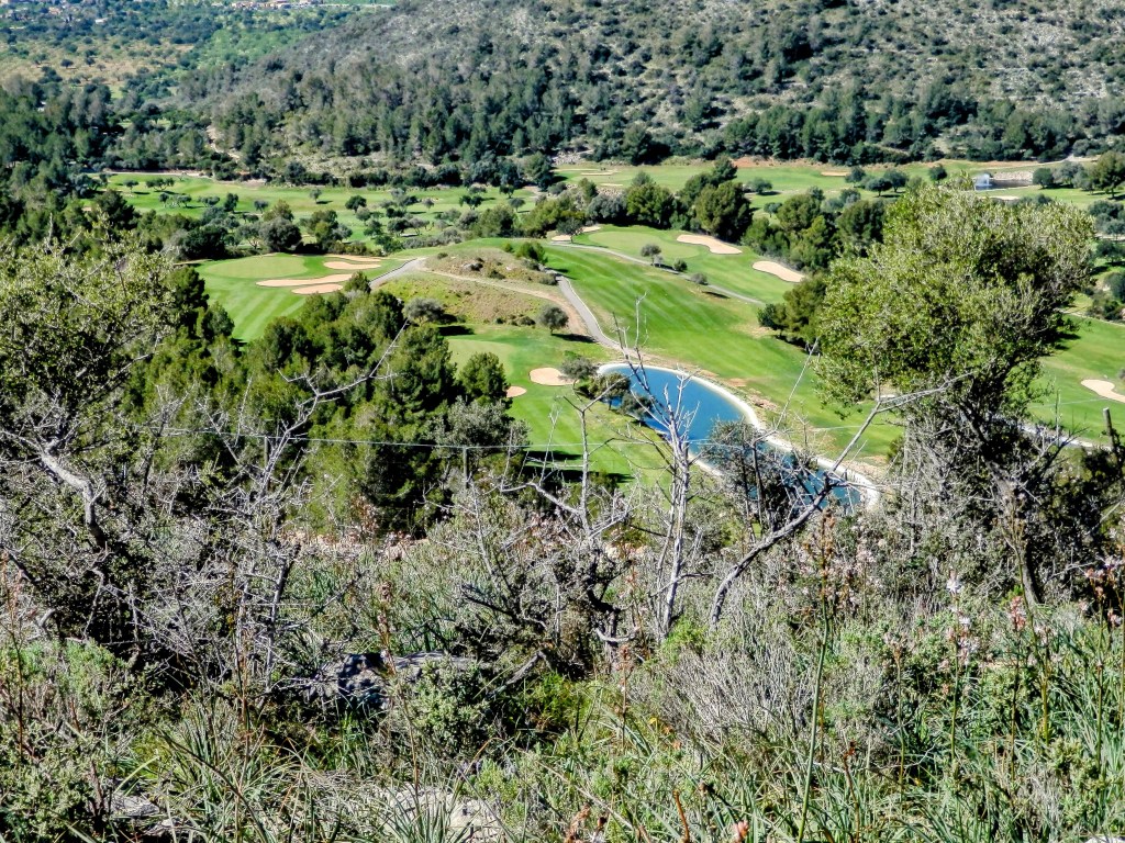 Vista panorámica del Campo de Golf de Son Termes, situado entre árboles y vegetación, desde un terreno elevado.