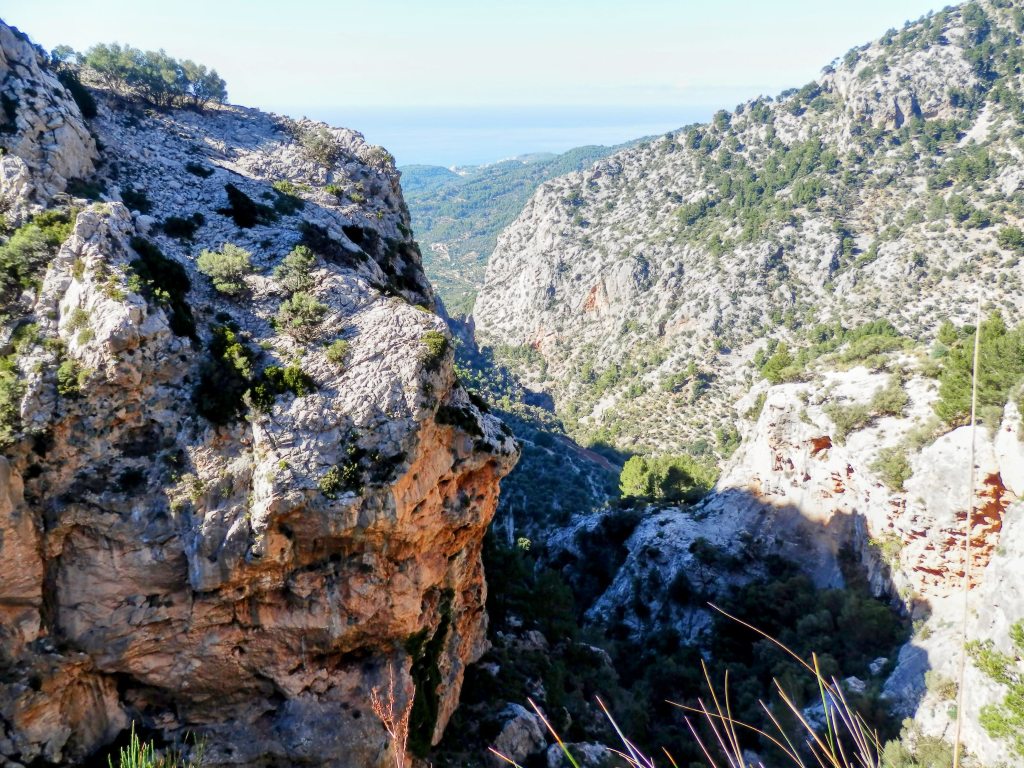 Vista panorámica del desfiladero y montañas del Barranc de Biniaraix mostrando un paisaje rocoso con vegetación y el mar al fondo.