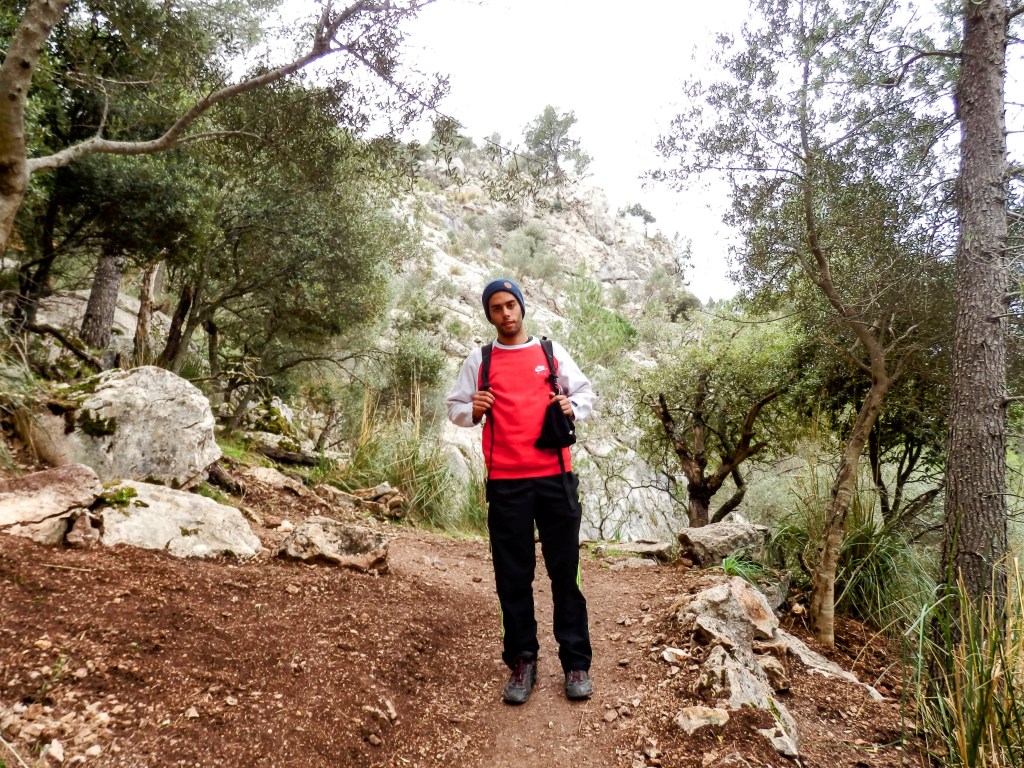 Sendero en un bosque de pinos con un hombre de pie en un camino, rodeado de rocas y vegetación.