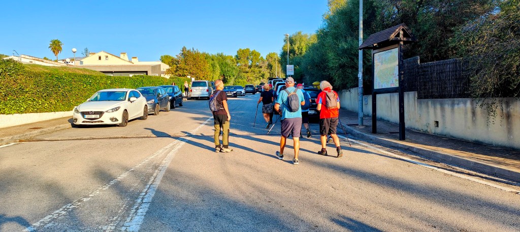 Grupo de senderistas caminando por el Carrer de Llorer de la Urbanización de Crestatx junto a vehículos estacionados, con árboles y edificios al fondo.