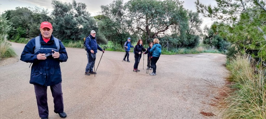Grupo de senderistas en una intersección de caminos en un entorno natural, con vegetación mediterránea y árboles alrededor.