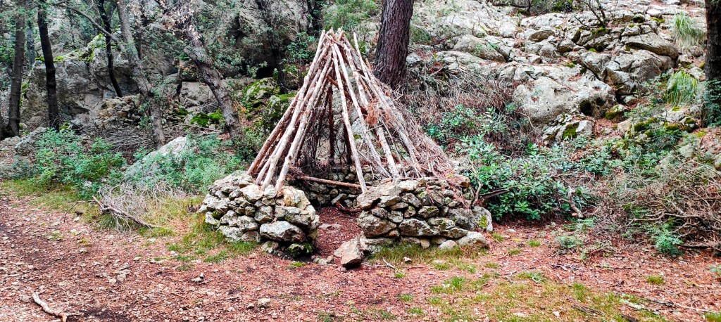 Estructura de piedras y ramas en un entorno forestal, posiblemente una Barraca de carbonero, rodeada de vegetación y rocas.