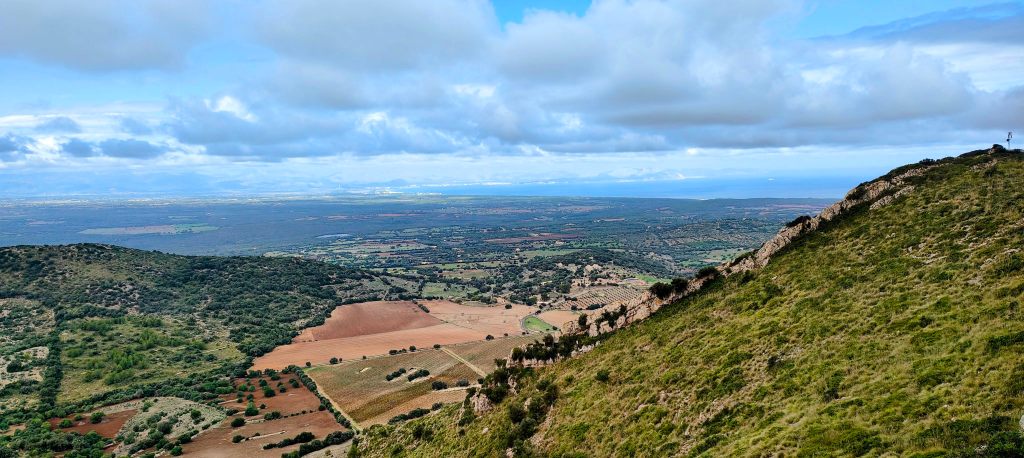 Vista panorámica desde la cima del Puig de Calicant, mostrando el paisaje rural del Levante mallorquín con campos cultivados y vegetación.