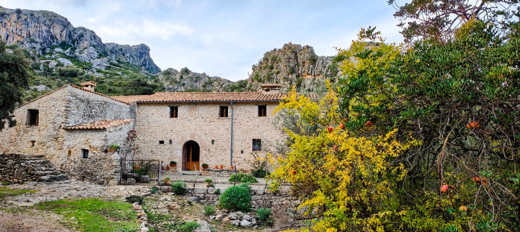 Una imagen de las casas de l’Assarell rodeadas de vegetación y montañas en un paisaje natural.