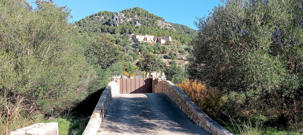 Puente que conduce a una finca rural con vegetación exuberante y en el fondo se aprecia una montaña.