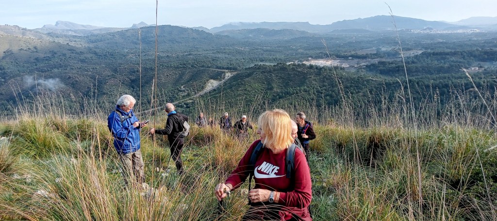 Grupo de senderistas caminando en una ruta montañosa en Mallorca, rodeados de vegetación abundante y vistas del paisaje montañoso de fondo.