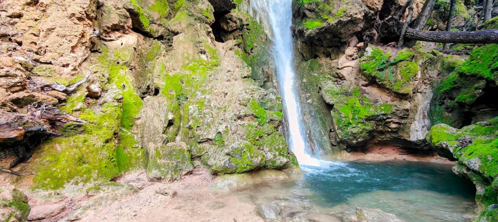Principal cascada del Salt des Freu rodeada de rocas con musgo verde y un estanque de agua clara en la parte inferior.