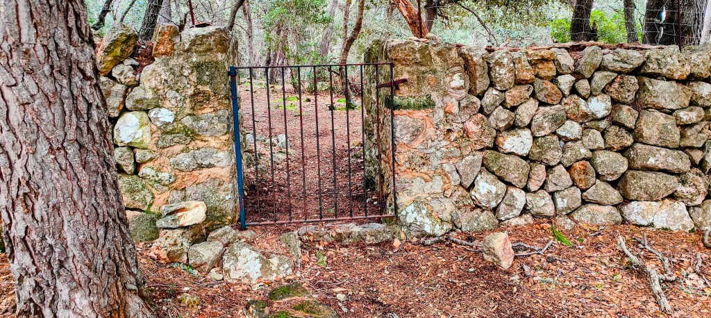Puerta de metal en un muro de piedras en un bosque.