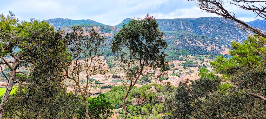 Vista panorámica de un paisaje montañoso con árboles en primer plano, mostrando un pueblo rodeado de naturaleza.