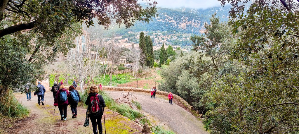 Grupo de personas caminando por un sendero rodeado de vegetación, con colinas y un pueblo visible al fondo.