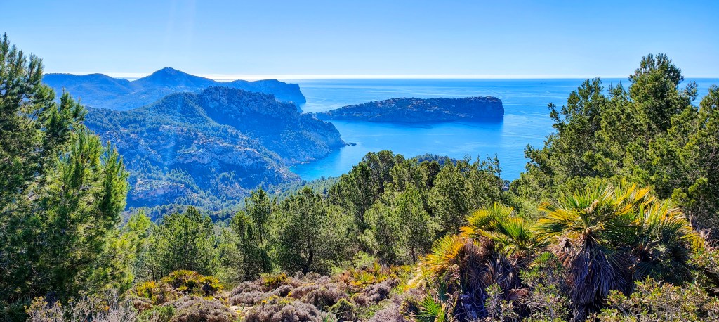 Vista panorámica de la costa con montañas y mar azul, rodeada de vegetación densa.