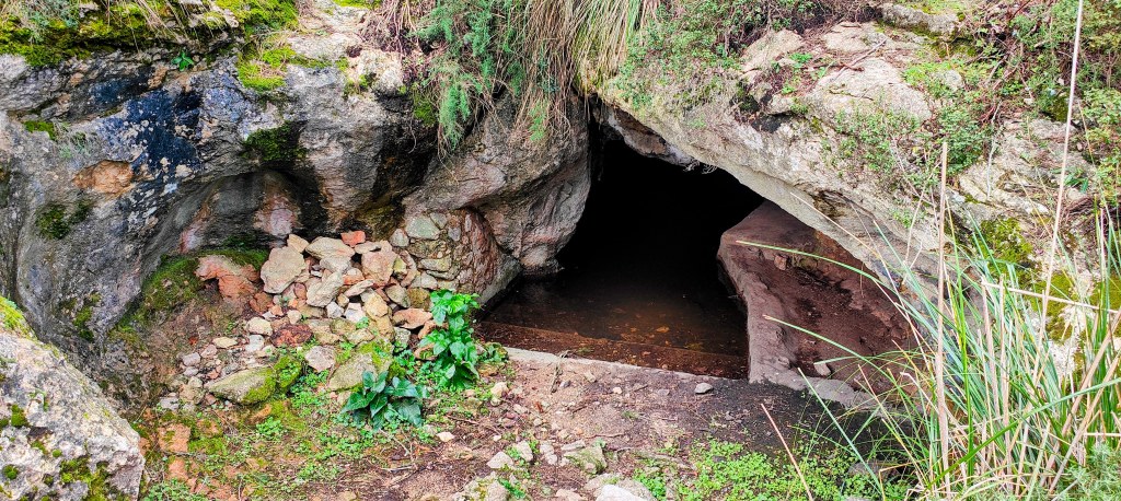 Entrada a una cueva rodeada de rocas y vegetación, con piedras apiladas en la parte inferior.