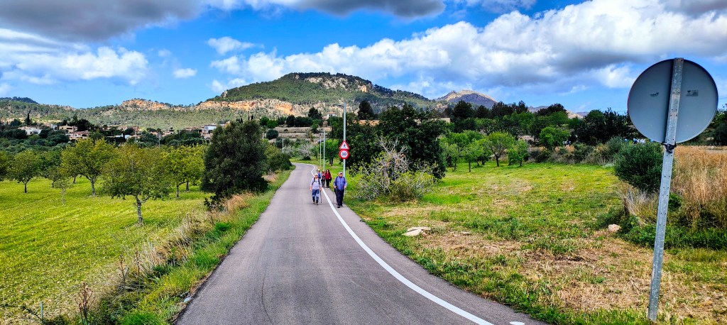Un camino rural con dos personas caminando junto a campos verdes y árboles, rodeado de montañas en el fondo bajo un cielo nublado.