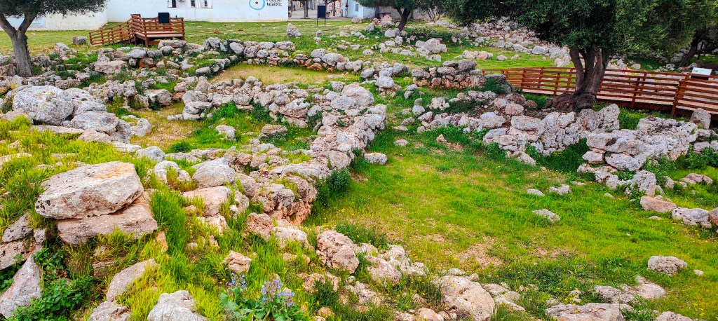 Ruinas de piedra en un área verde, con restos de estructuras antiguas rodeadas de hierba y árboles.